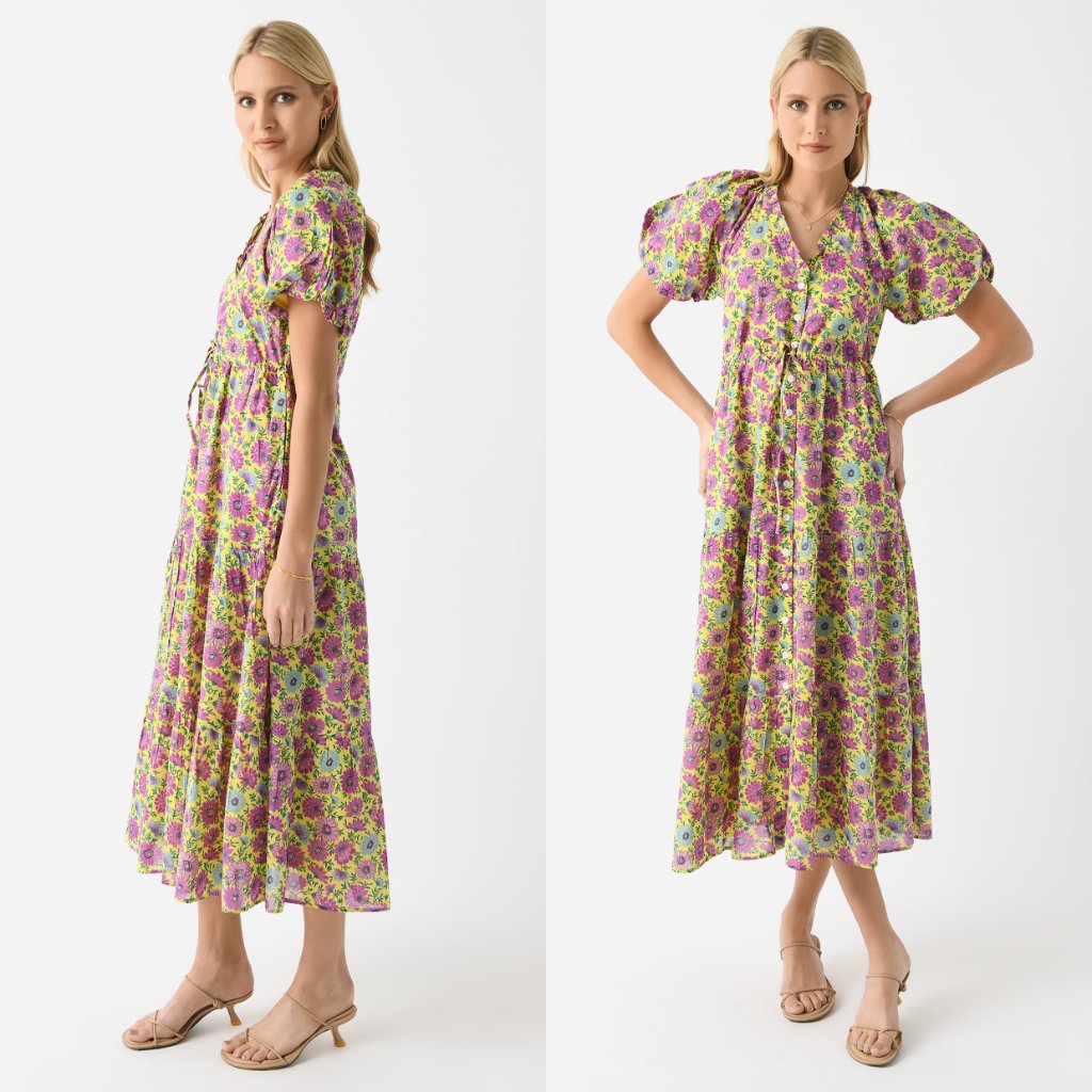 Banjanan New Poppy Puff Sleeve Daisy Floral Yellow Purple Maxi Dress Size M